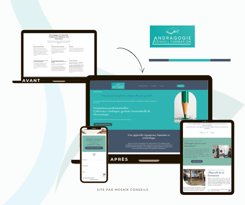 Avant et après d'un site internet conçu par Mosaïk Conseils
